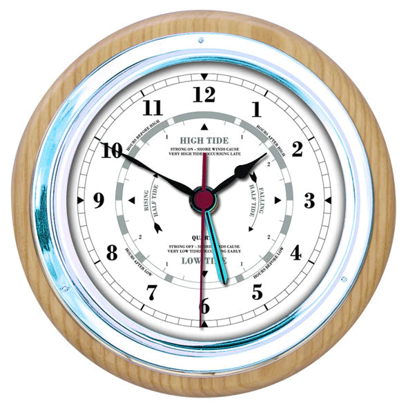 Round nautical tide clock with wooden and chrome frame, showing tide and time indicators