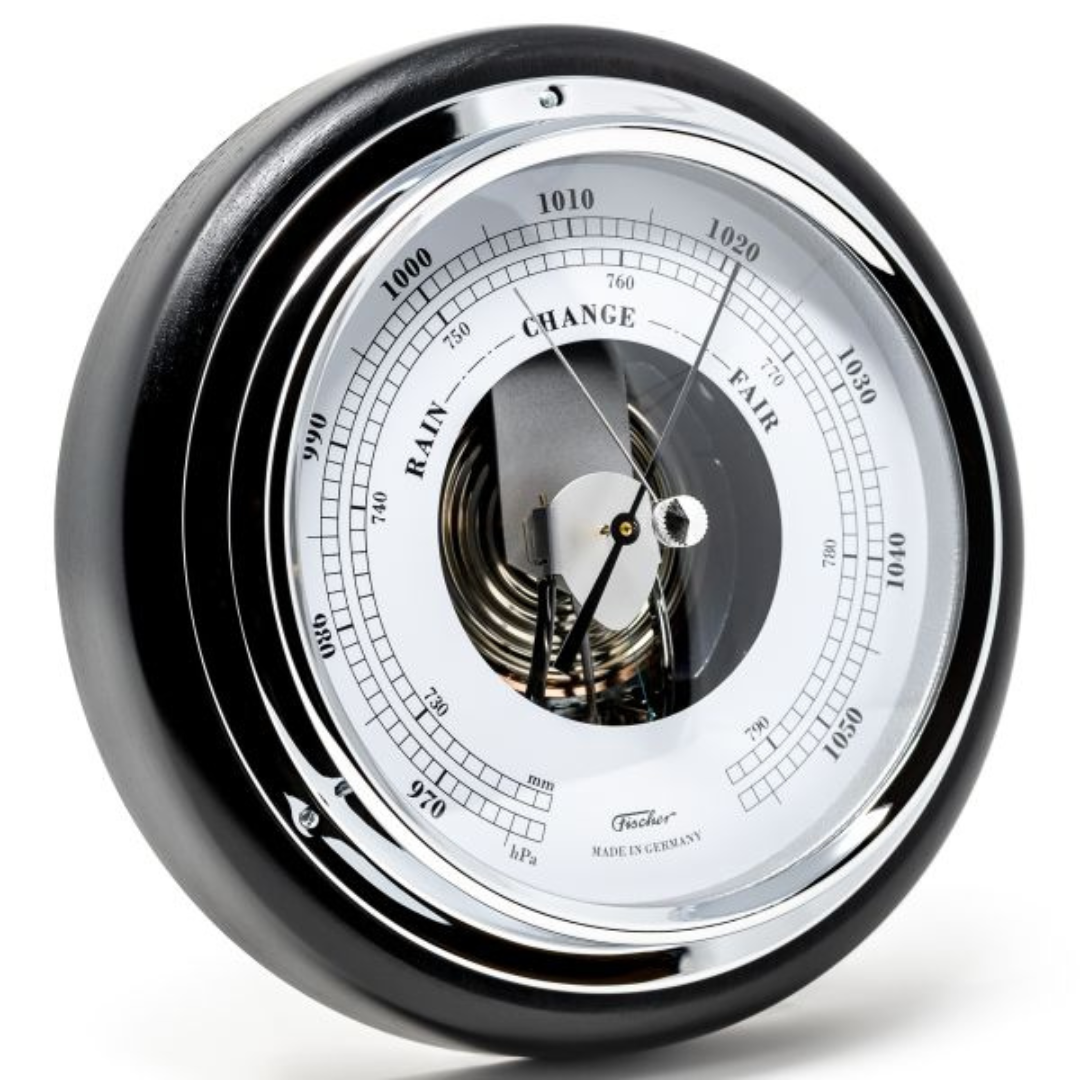 German made wall barometer with chrome bezel, analog dial for weather, rain and fair readings