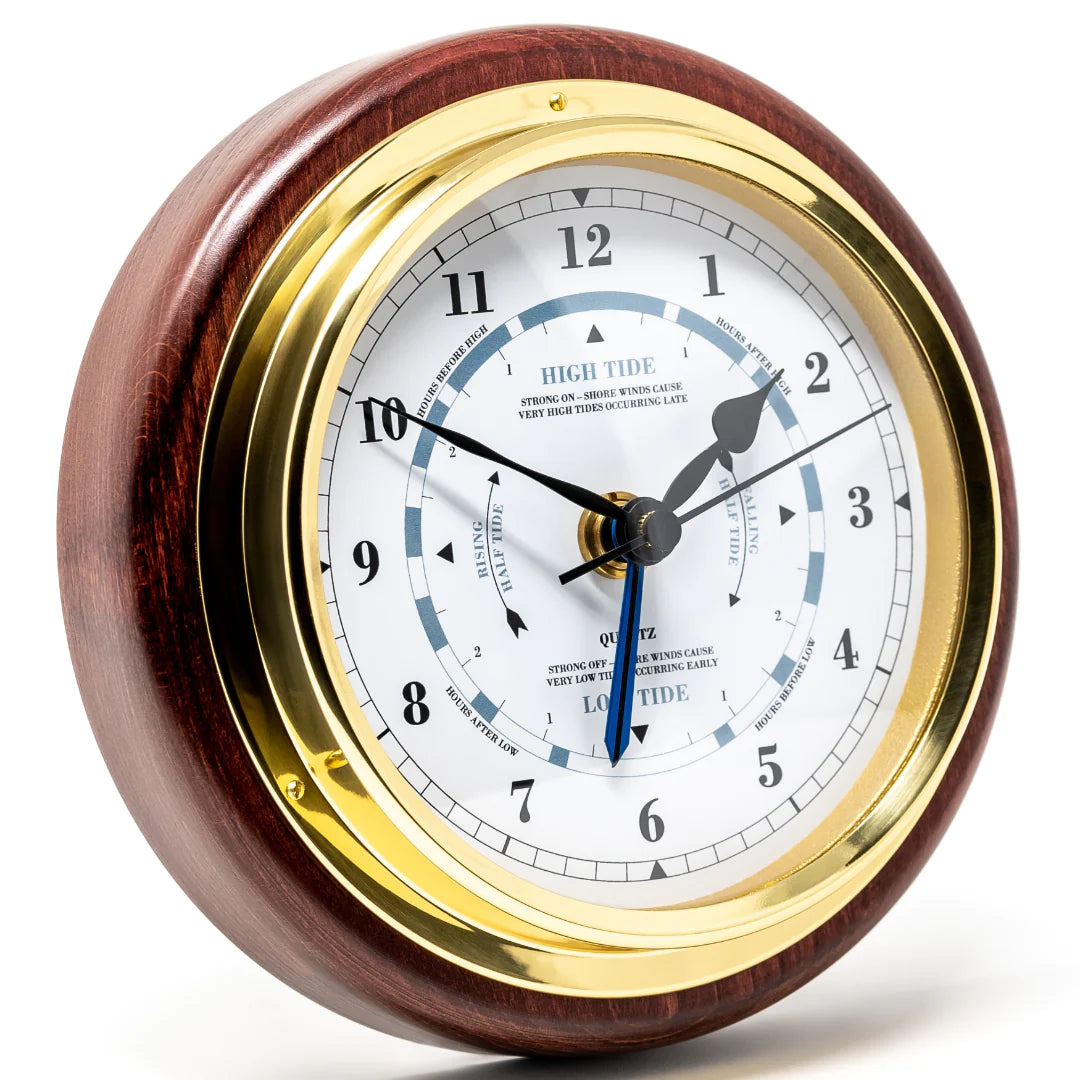 Wall-mounted tide clock with brass bezel and wooden frame, nautical weather instrument