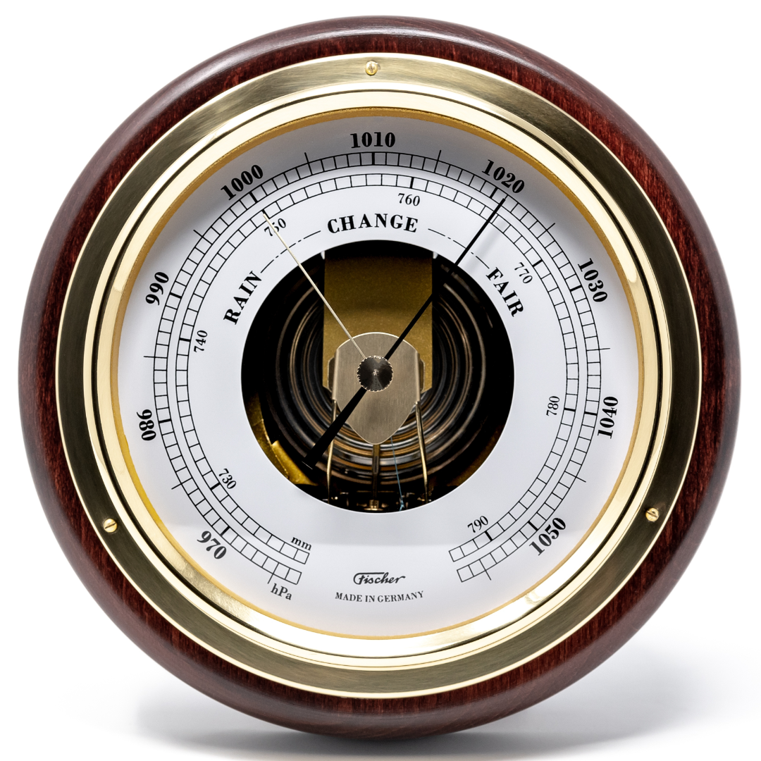 German made analog barometer with wood and brass casing, weather dial display