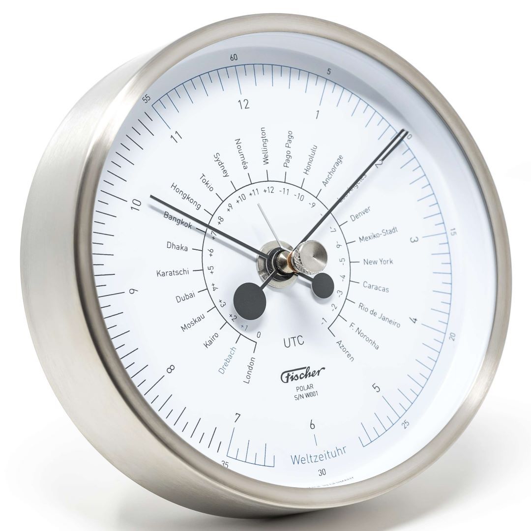 Modern stainless steel world clock with multiple time zones and clear city labels