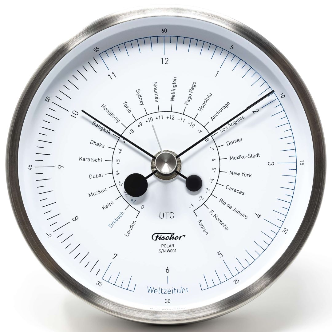 Modern German-made world time zone clock with cities and UTC markings, stainless steel frame