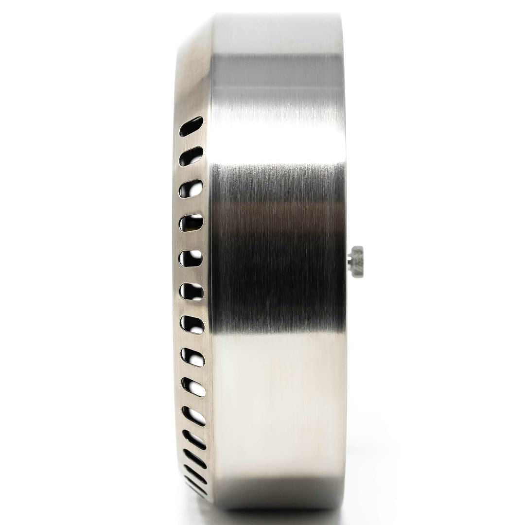 Side view of stainless steel barometer case with ventilation slots