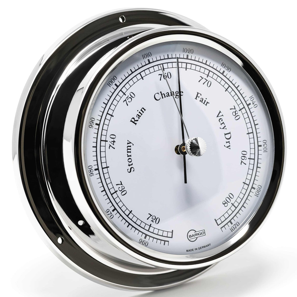 Chrome wall-mounted German barometer with weather dial for stormy, rain, fair, and dry conditions