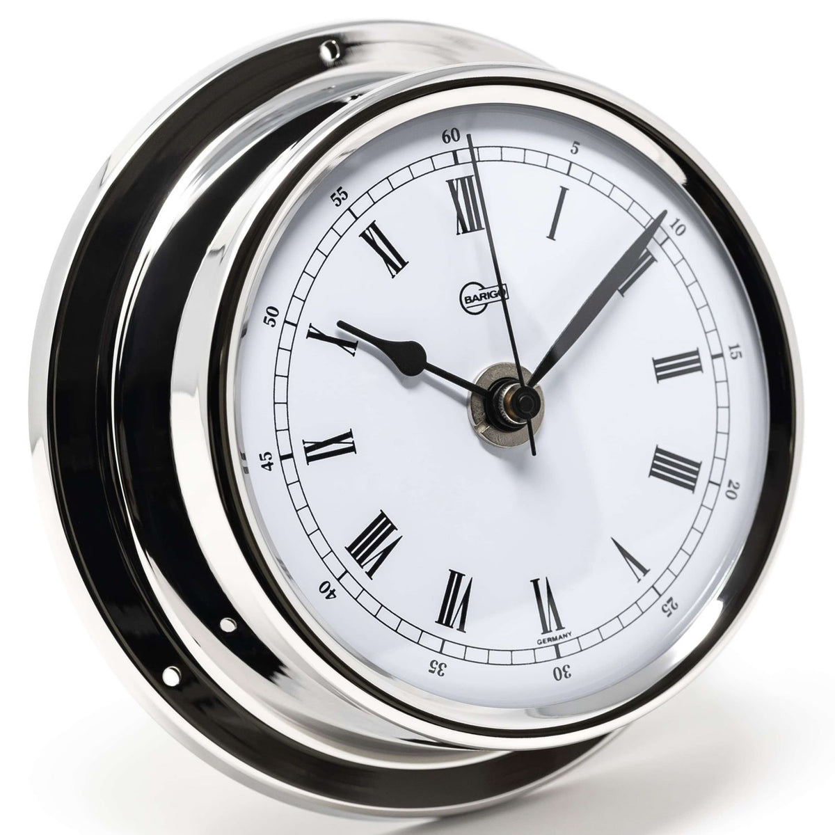 Polished chrome wall clock with Roman numerals, nautical style, German made.