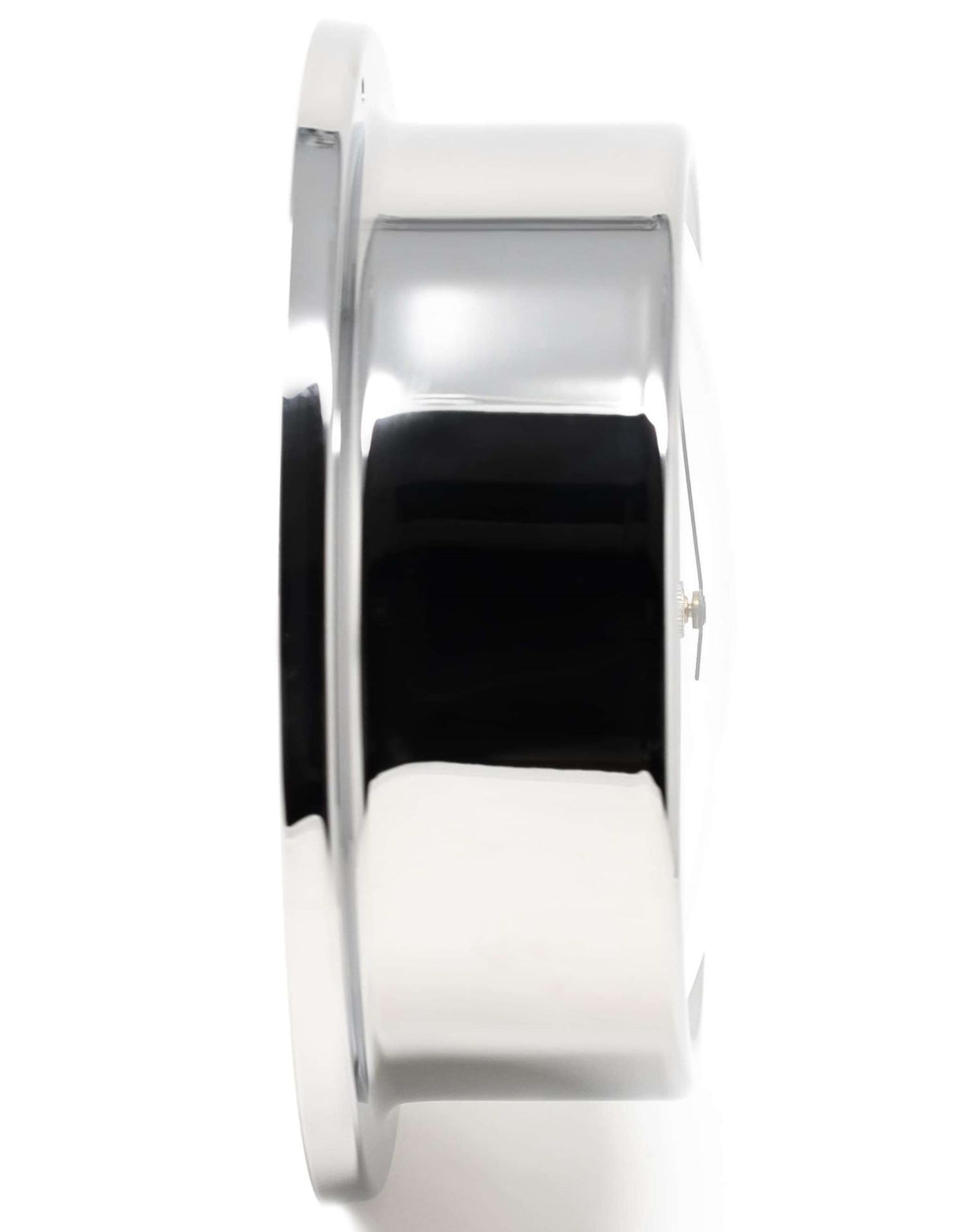 Side view of a polished chrome nautical wall clock or barometer with reflective surface