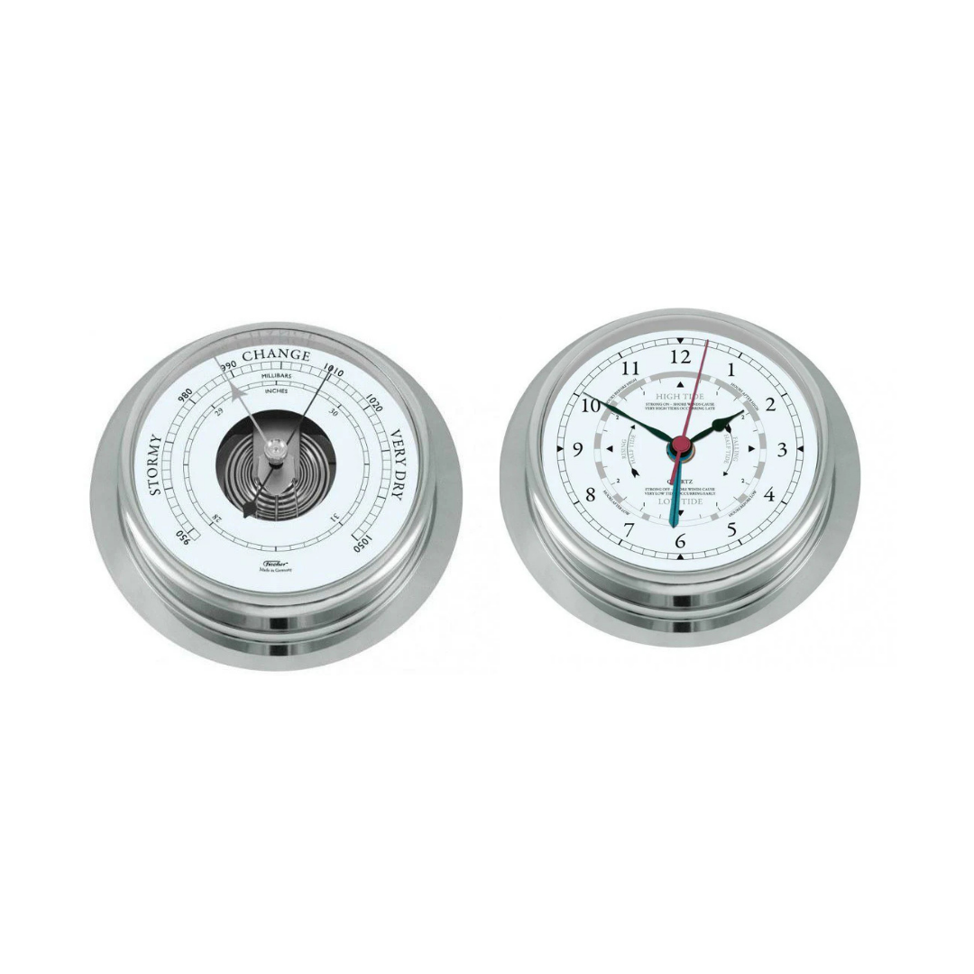 German made barometer and tide clock set with stainless steel frames