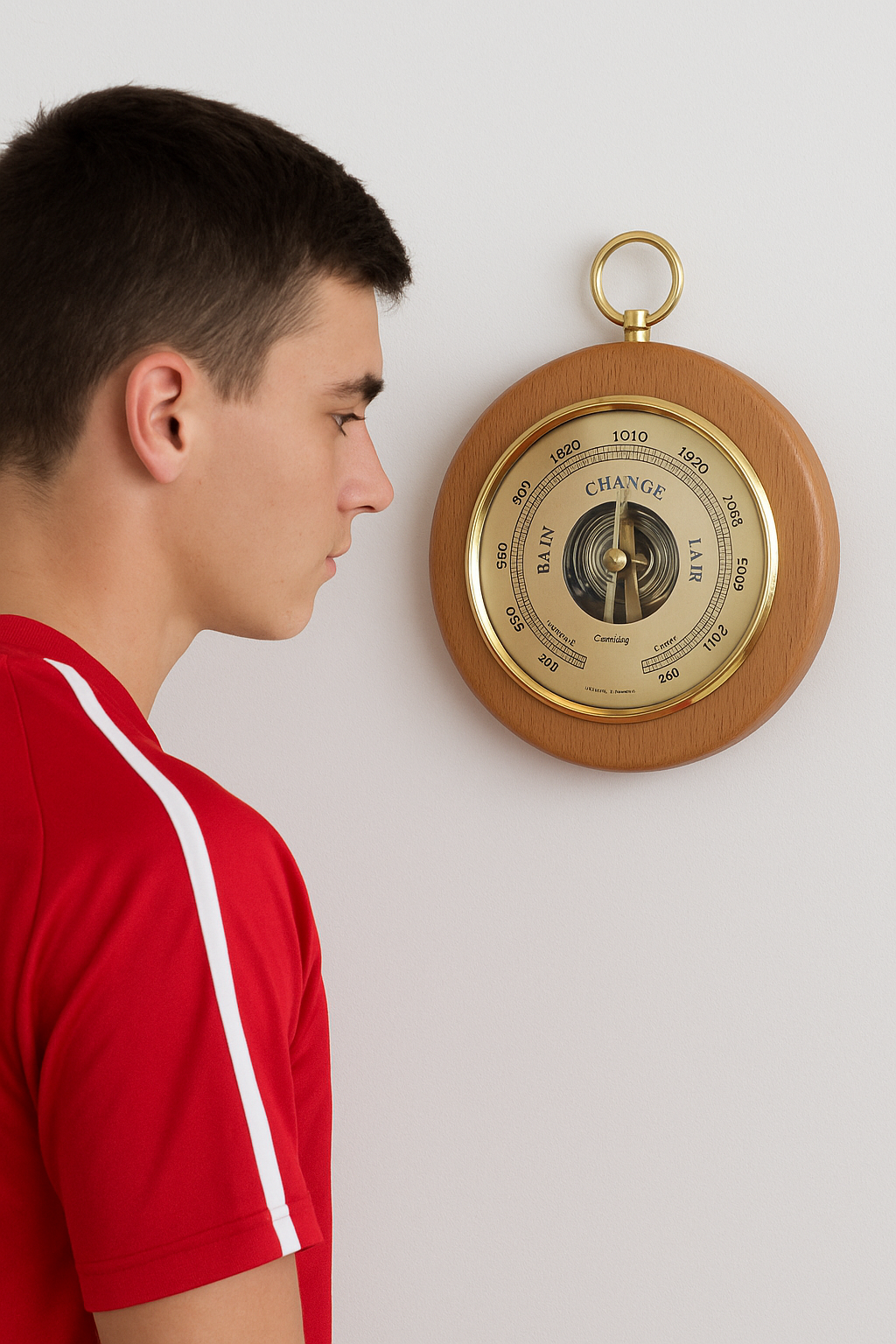 Man inspecting wall-mounted analog hygrometer with gold trim and wooden frame