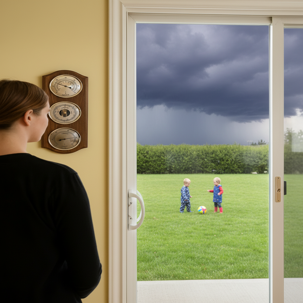 Woman indoors checks wall-mounted barometer and weather dials as storm clouds form outside.