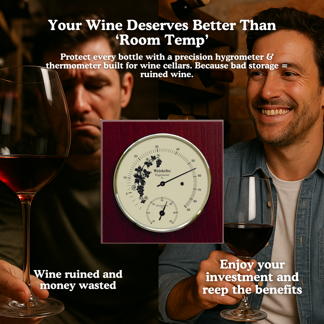 Wine cellar humidity gauge and thermometer with unhappy and happy wine drinkers, showcasing benefits of proper wine storage.