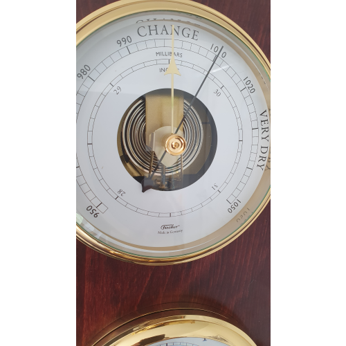 Impressive Porthole Brass Barometer & Time Clock on Mahogany Base