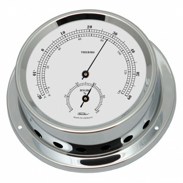 Chrome analog thermo-hygrometer with temperature and humidity dials, nautical style.