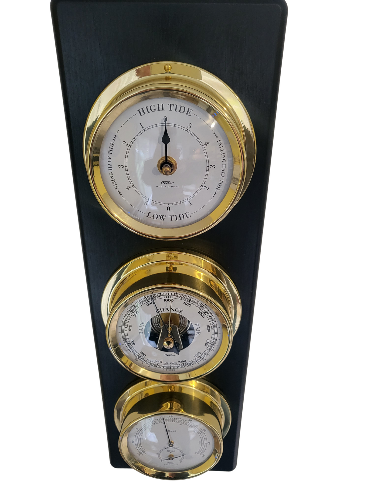 Modern Ebony & Brass Weatherstation – 4-in-1 Hygrometer, Barometer, Thermometer & Tide Clock