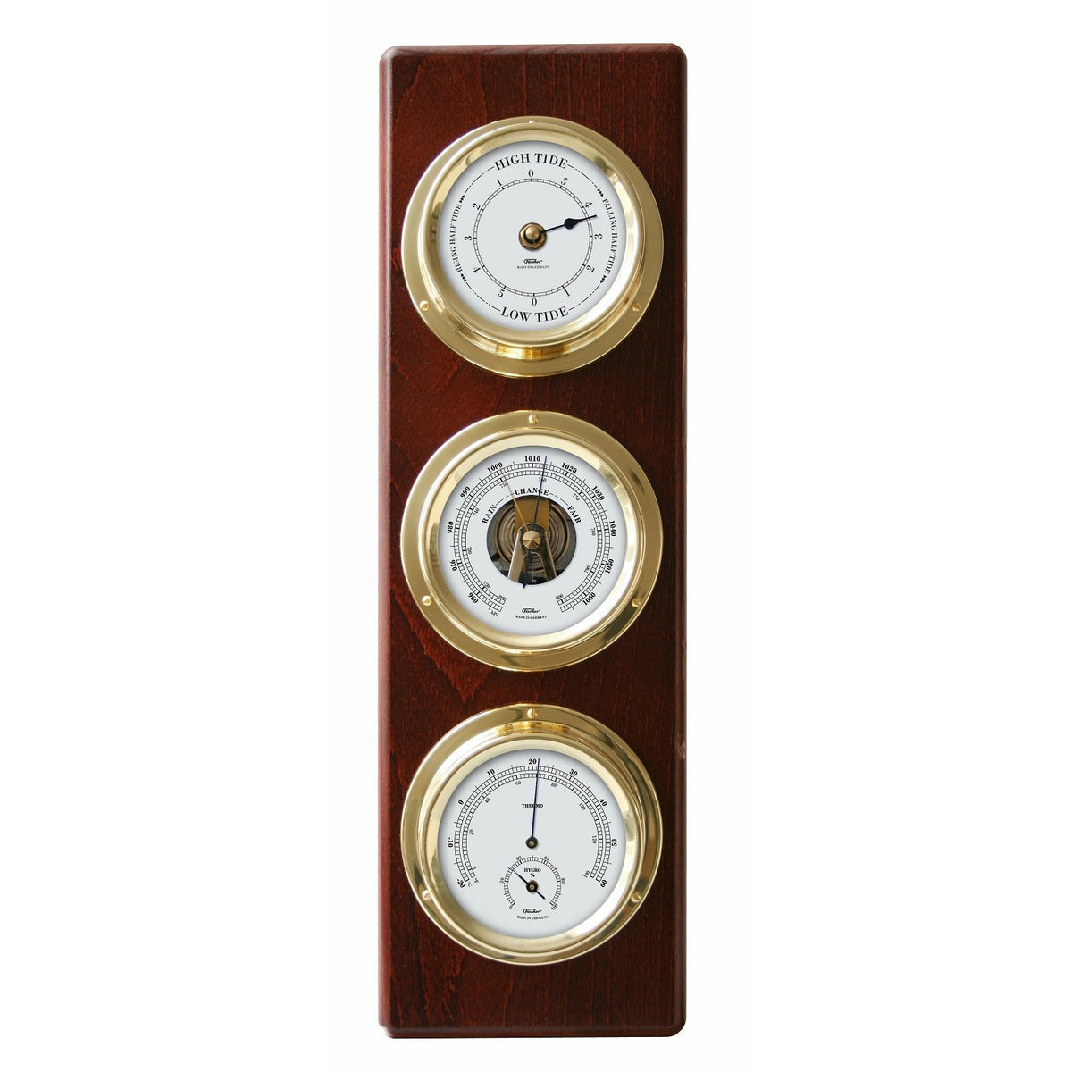 Wall-mounted wooden weather station with tide clock, barometer, and hygrometer gauges