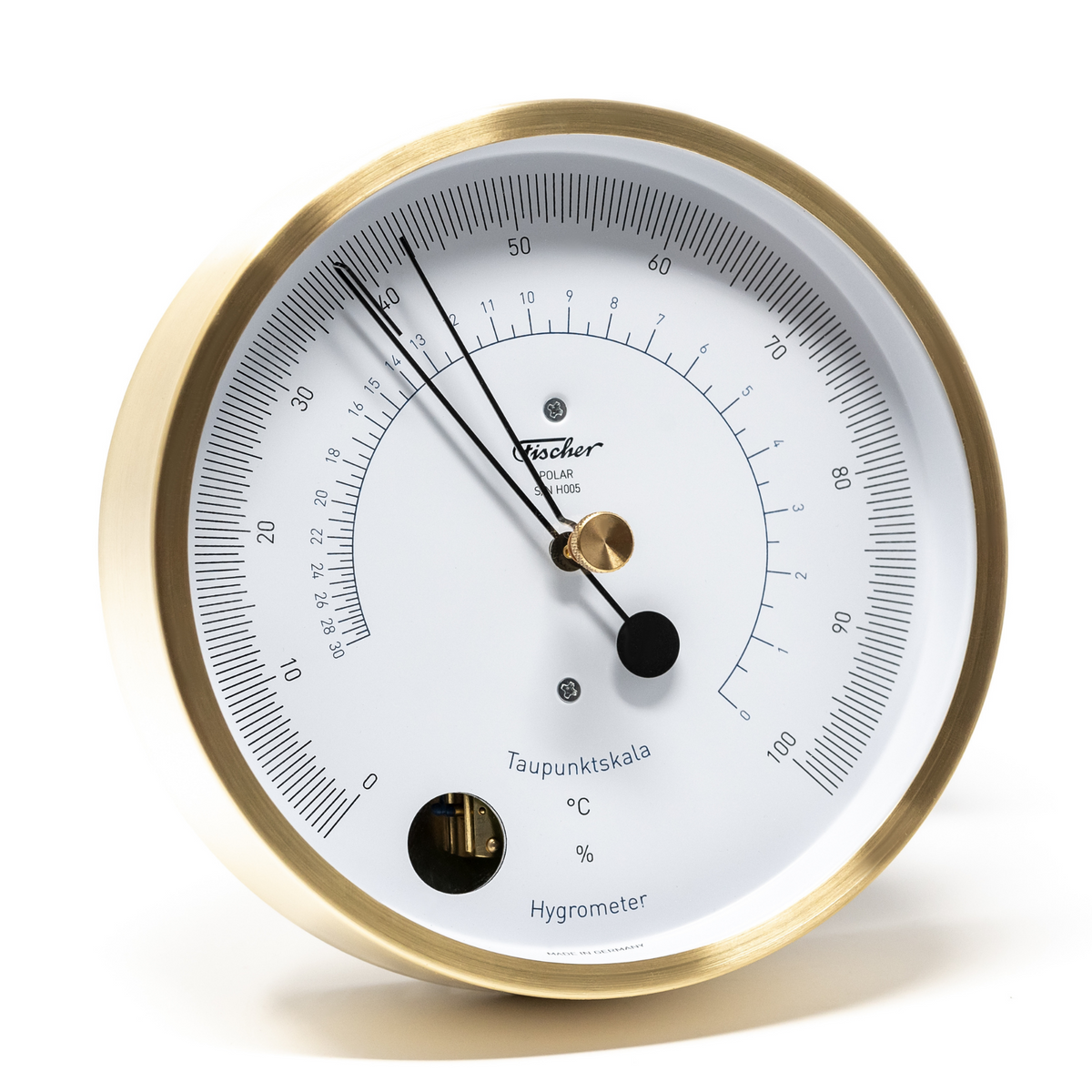 German made brass analog hygrometer with dew point scale, white dial for humidity measurement