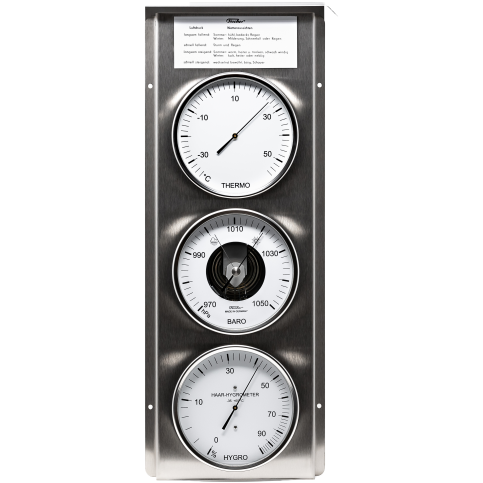 Stainless steel weather station with barometer, thermometer, and hygrometer gauges