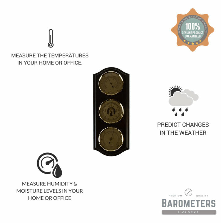 Ebony & Brass Weatherstation-3 in 1 - Hygrometer + Barometer + Thermometer