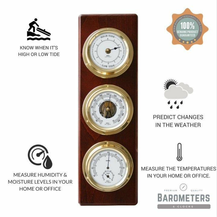 Wooden weather station with tide clock, barometer, and hygrometer for home or office use