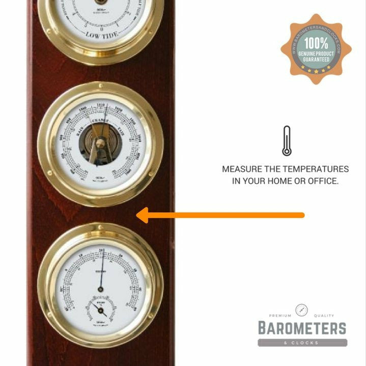 Wooden weather station with brass tide clock, barometer, and thermometer dials