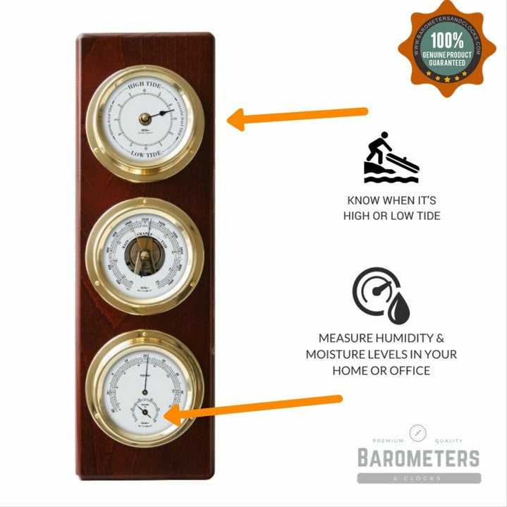 Wall-mounted weather station with tide clock, barometer, and hygrometer on wood panel