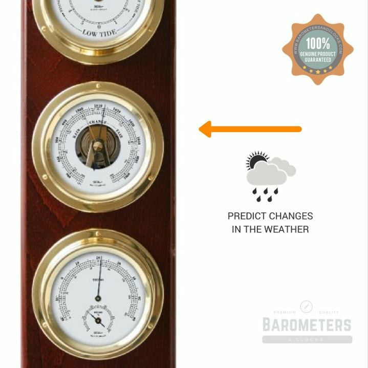 Wooden weather station with tide clock, barometer, and thermometer in brass trim