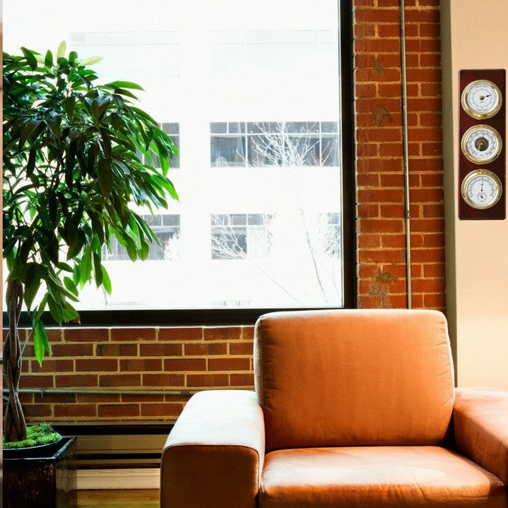 Wall-mounted weather station with barometer, tide clock, hygrometer in modern living room