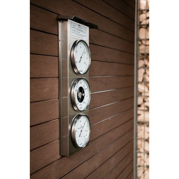 Wall-mounted weather station with barometer, hygrometer, and thermometer dials