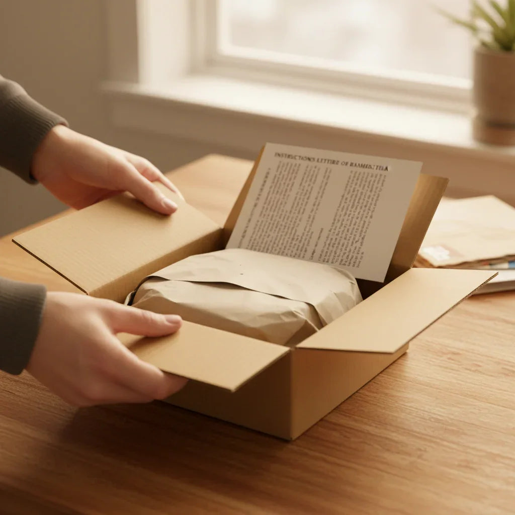 Hands opening cardboard packaging with instructions, weather instrument wrapped inside