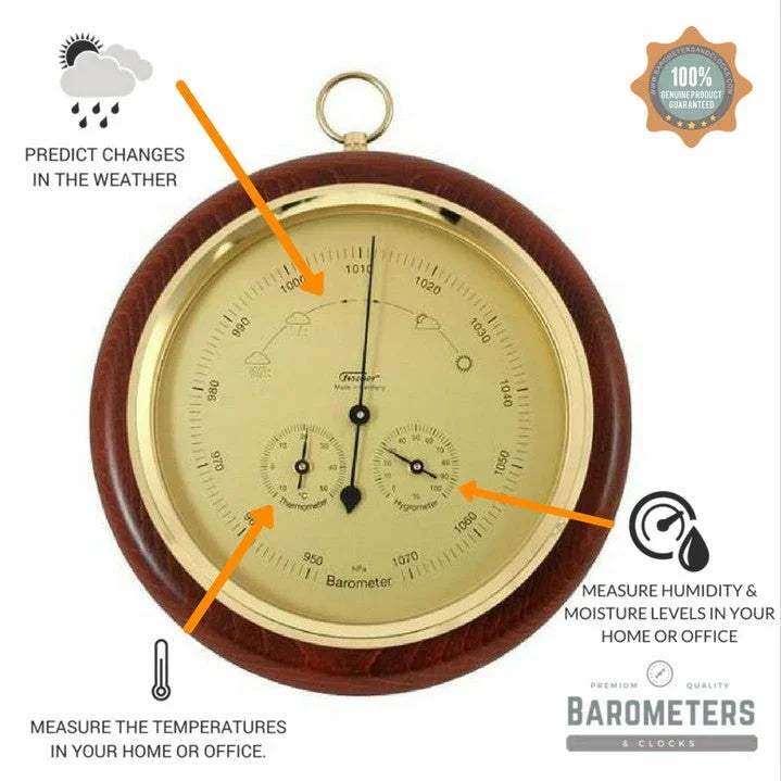 Round German made barometer with thermometer and hygrometer, gold face, wood trim