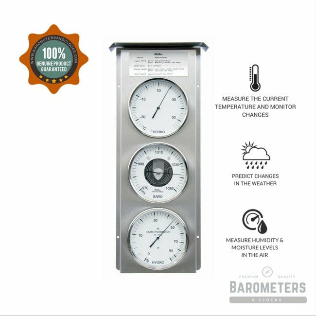 Stainless steel modern weather station with barometer, thermometer, hygrometer for monitoring temperature, humidity, and air pressure.
