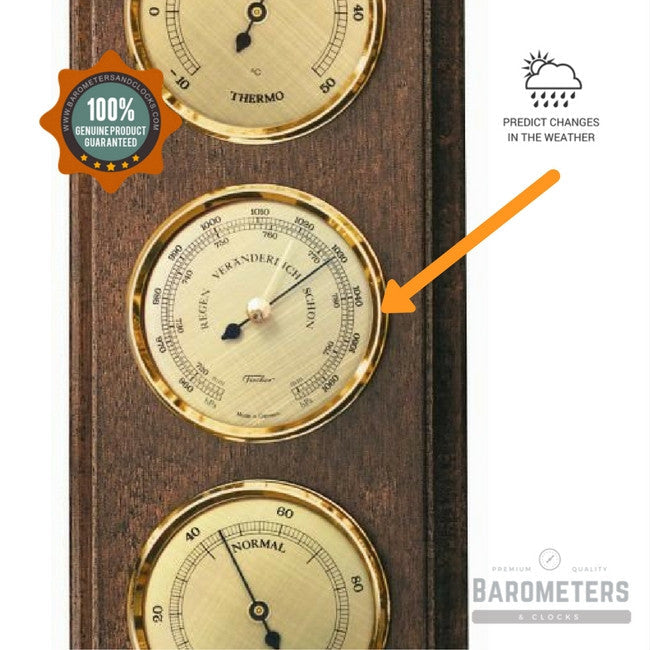 Wall mounted weather station with barometer, thermometer and hygrometer in wooden frame