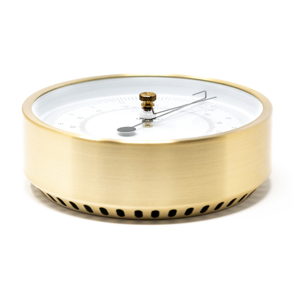 Gold metal German barometer with white dial and atmospheric pressure scale