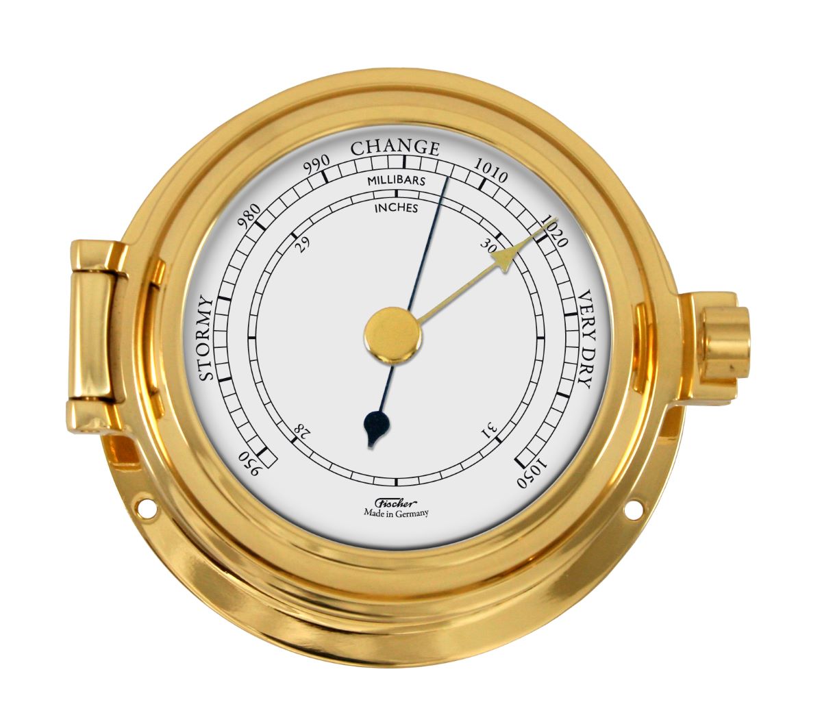 Gold nautical barometer with analog dial, stormy to very dry, made in Germany
