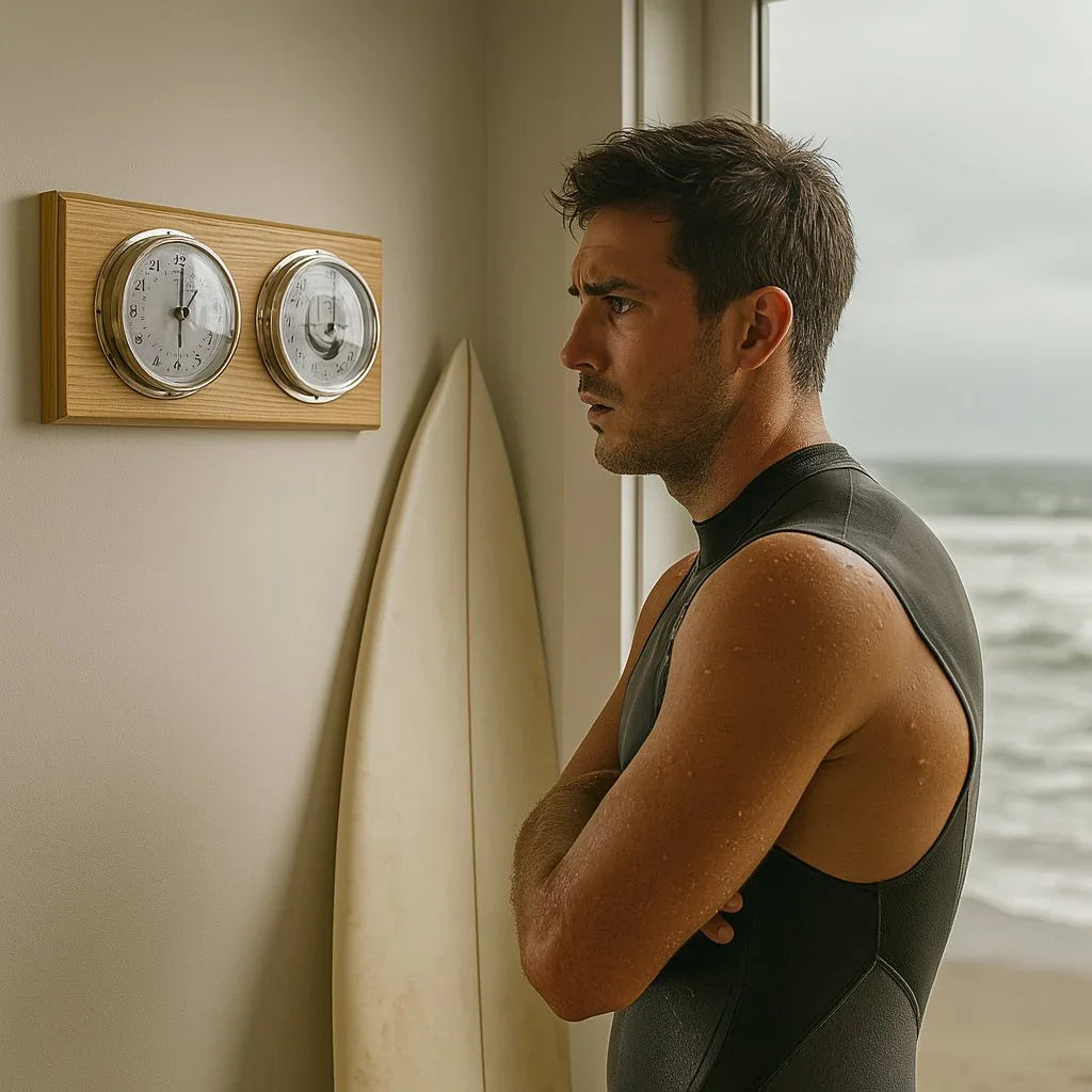 Man in wetsuit looking at wall-mounted barometer and clock by the beach with surfboard nearby.