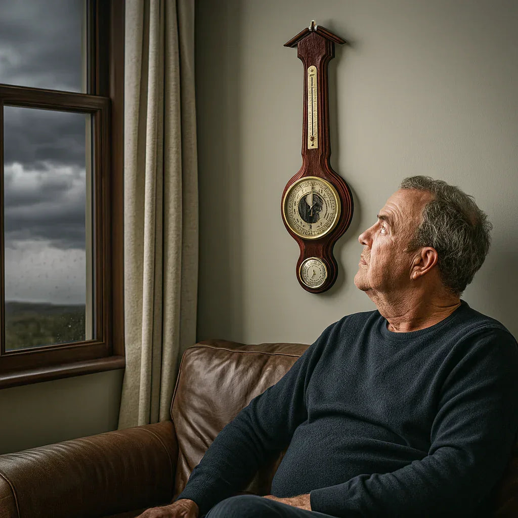 Man sitting indoors near window and wall-mounted mahogany weather station barometer