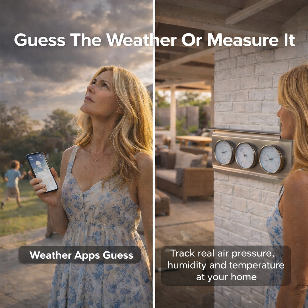 Woman with pink flowers standing beside outdoor wall-mounted weather barometer and hygrometer.