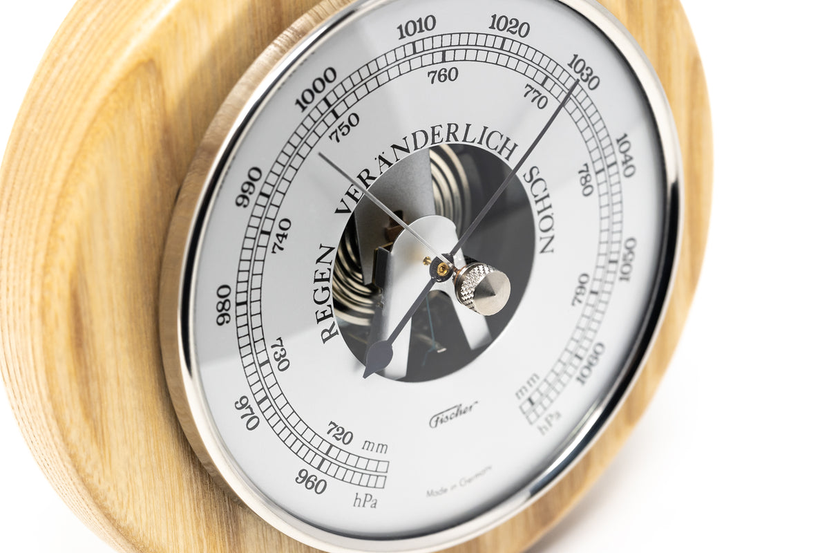 German-made analog barometer with wooden case and precise weather dial