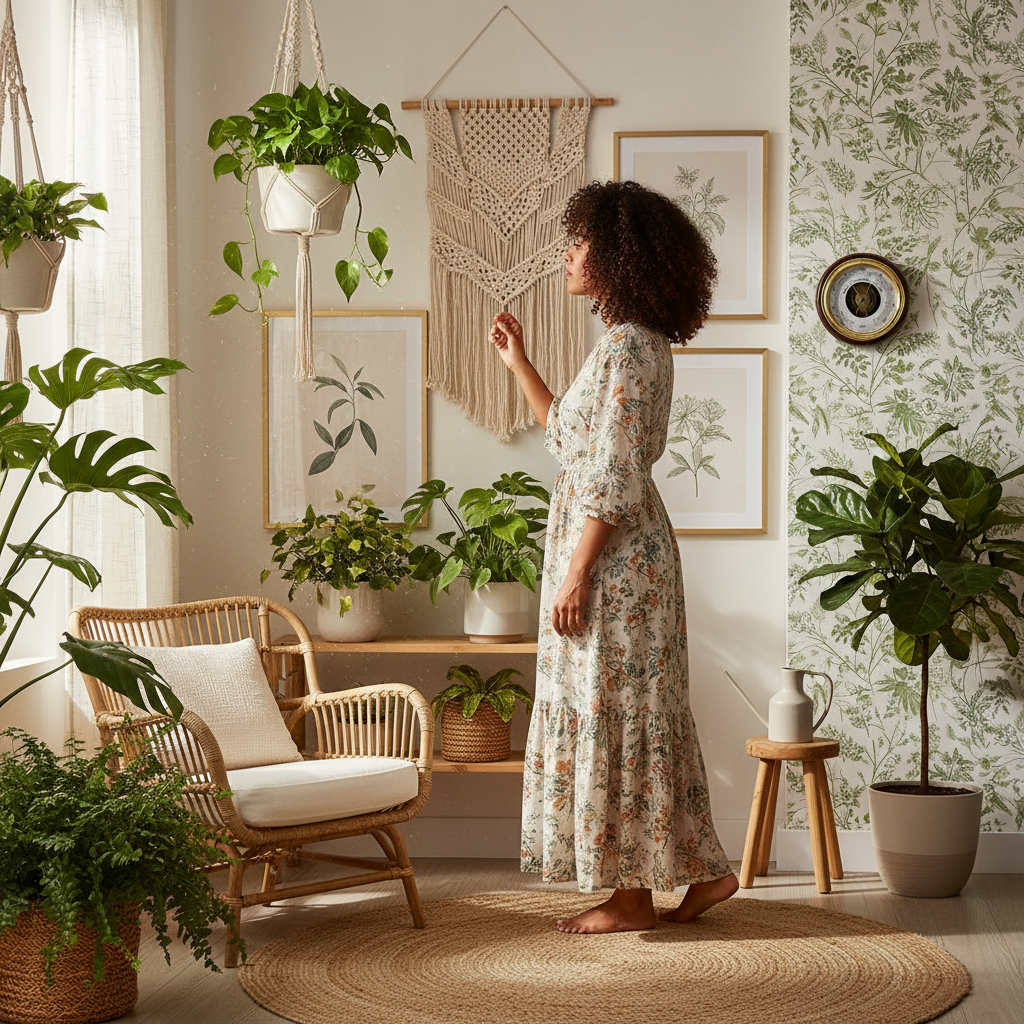 Classic round wall barometer in a botanical-themed living room with plants and natural decor