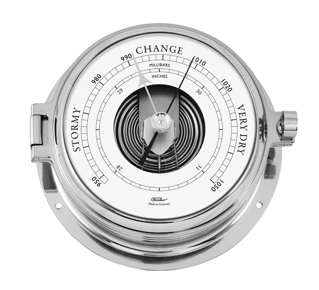 Polished chrome German barometer with stormy to very dry weather dial, nautical style
