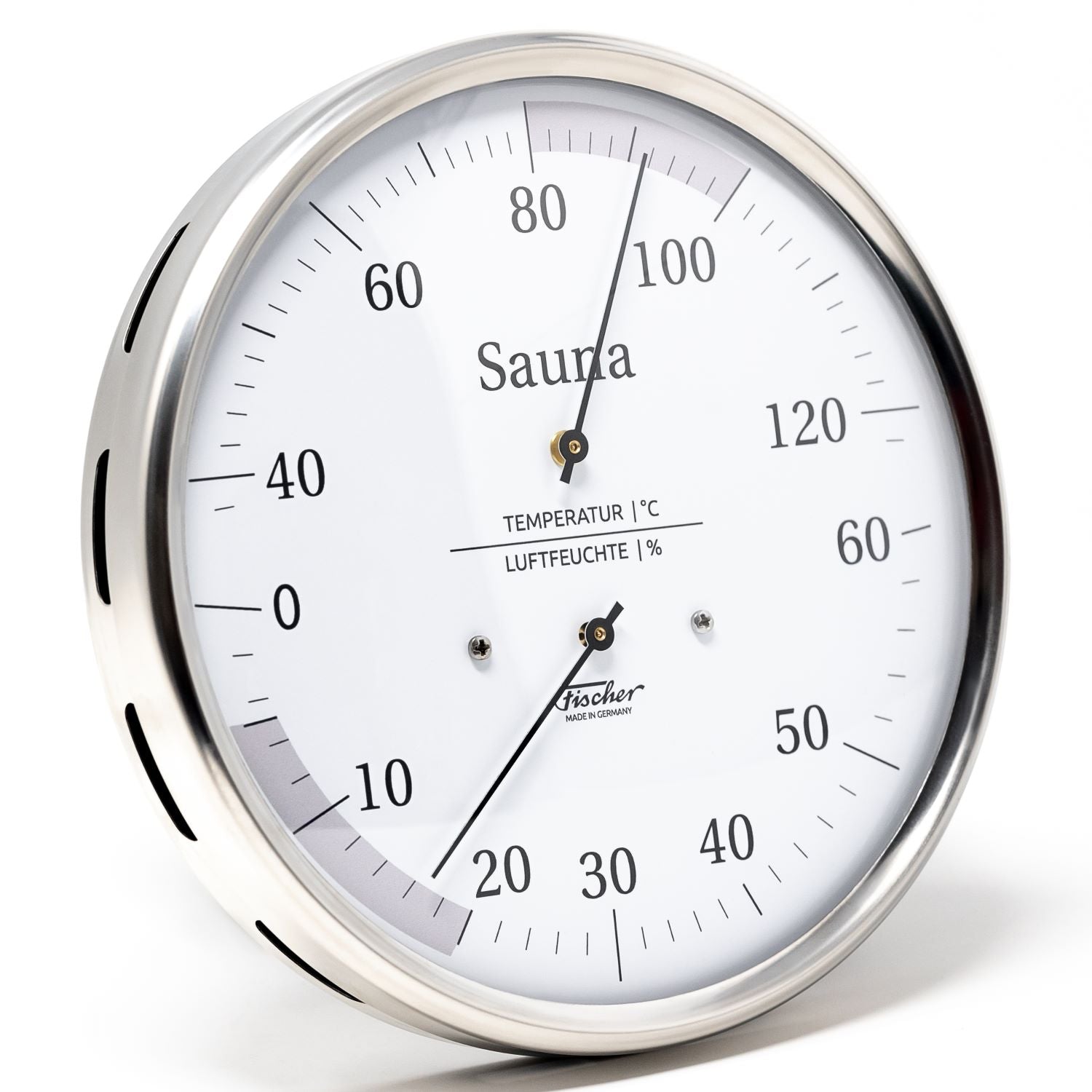 Round German sauna thermometer and hygrometer with stainless steel frame