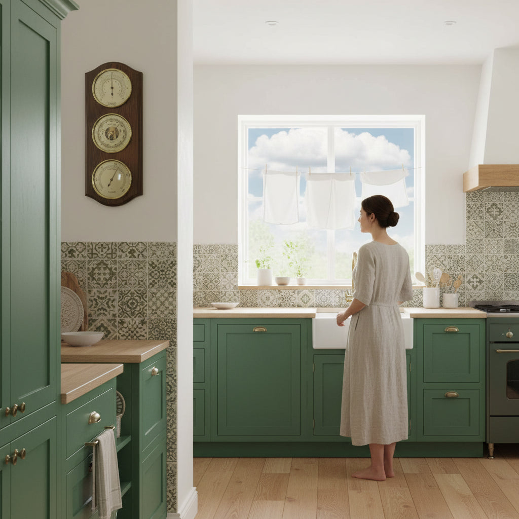 Woman in kitchen with wall-mounted barometer, hygrometer, and clock, vintage decor