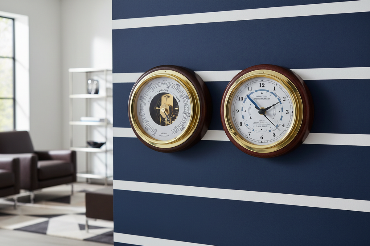 German barometer and tide clock duo with brass frames on blue striped wall, nautical decor