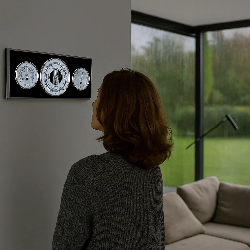 Rectangular weather station with barometer, thermometer, and hygrometer dials