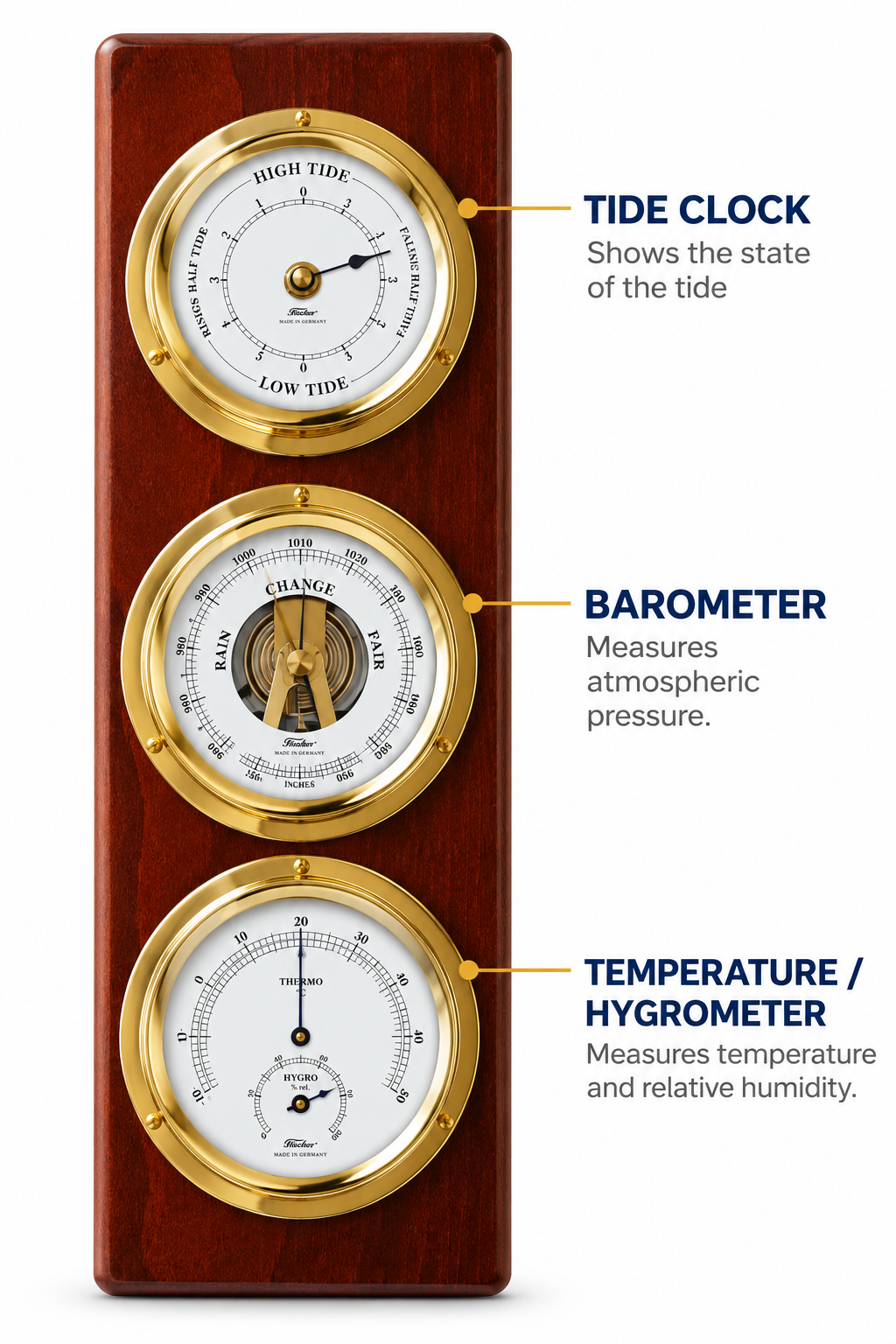 Modern Mahogany & Brass Weatherstation – 4-in-1 Hygrometer, Barometer, Thermometer & Tide Clock