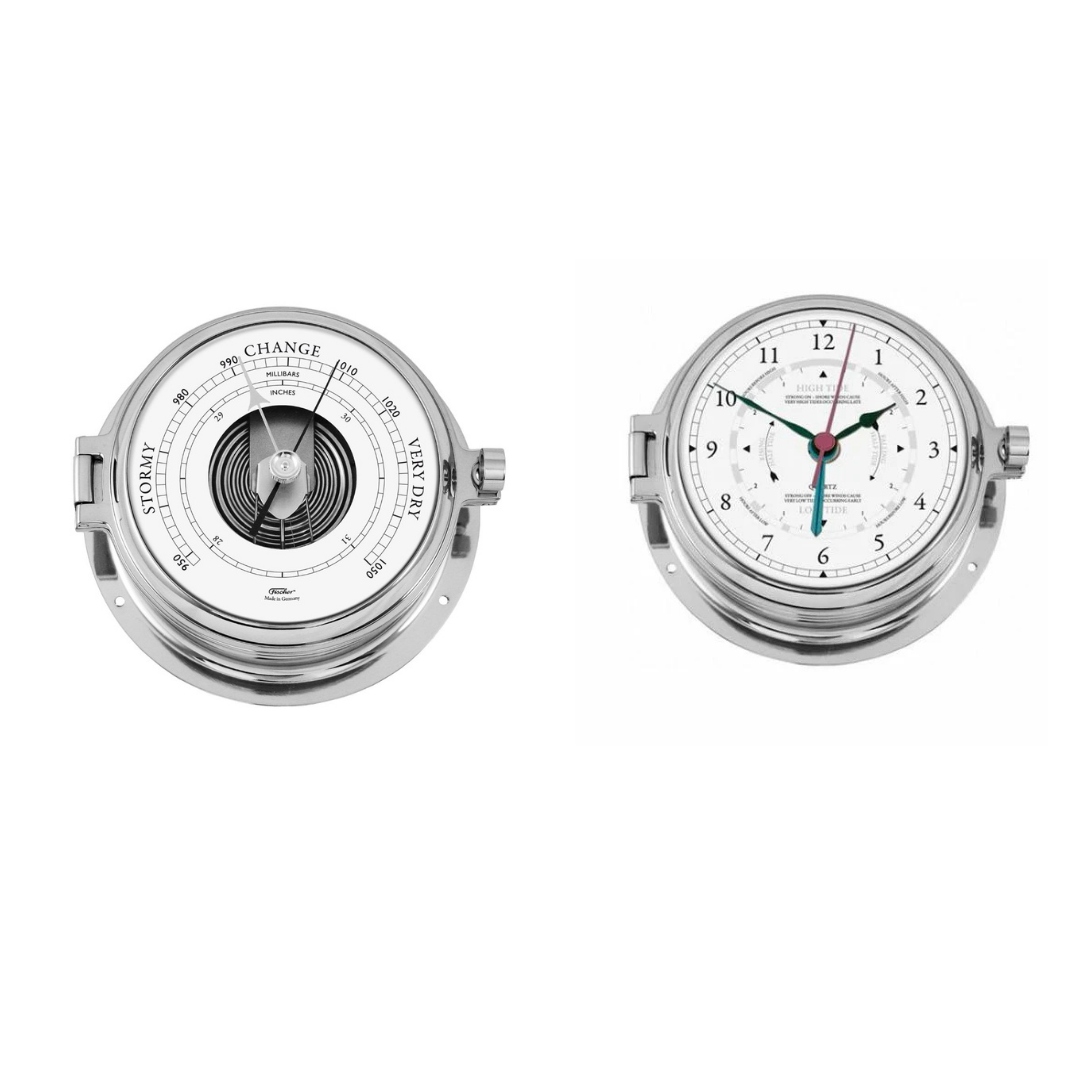 Nautical chrome tide clock and barometer set with round white dials and maritime design.