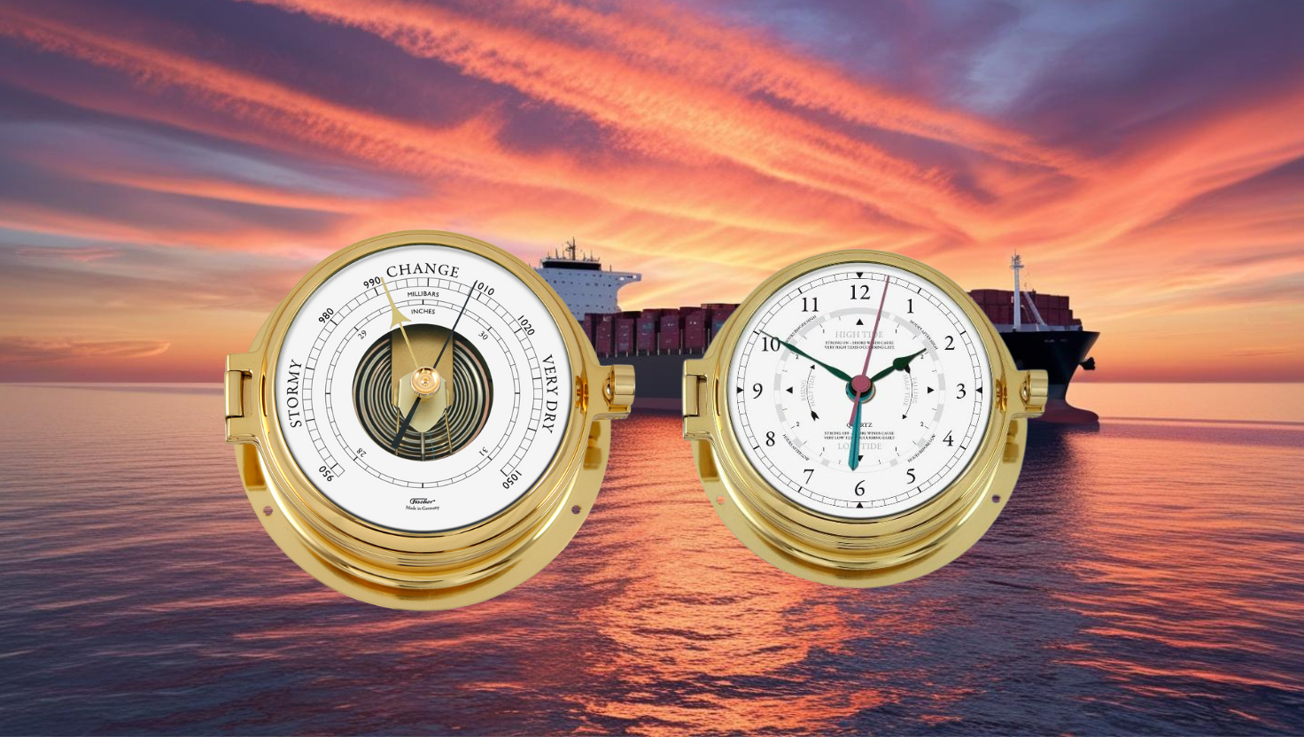 Gold nautical barometer and tide clock with ship at sea during colorful sunset