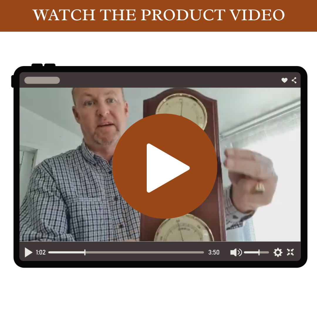Man presenting a German barometer and clock in a video demonstration screenshot.