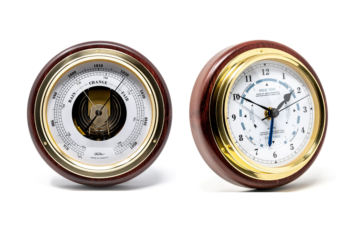 German made barometer and tide clock duo with brass trim and wooden frame, nautical style