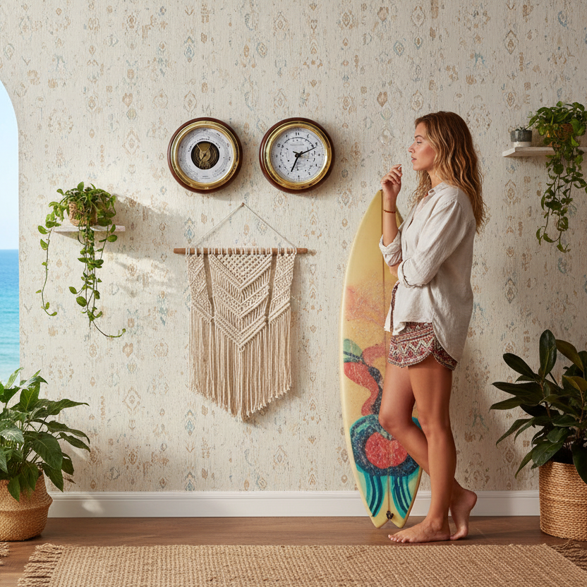 Barometer and tide clock duo on wall in beachside room with plants and surfboard