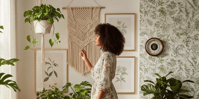 Woman standing in a room with plants and wall art and a barometer,  looking at the weather out the window